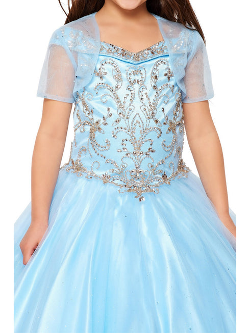 Big Girls Blue Off Shoulder Rhinestone Sweep Train Glitter Mesh Ball Gown 8-16 - SophiasStyle.com